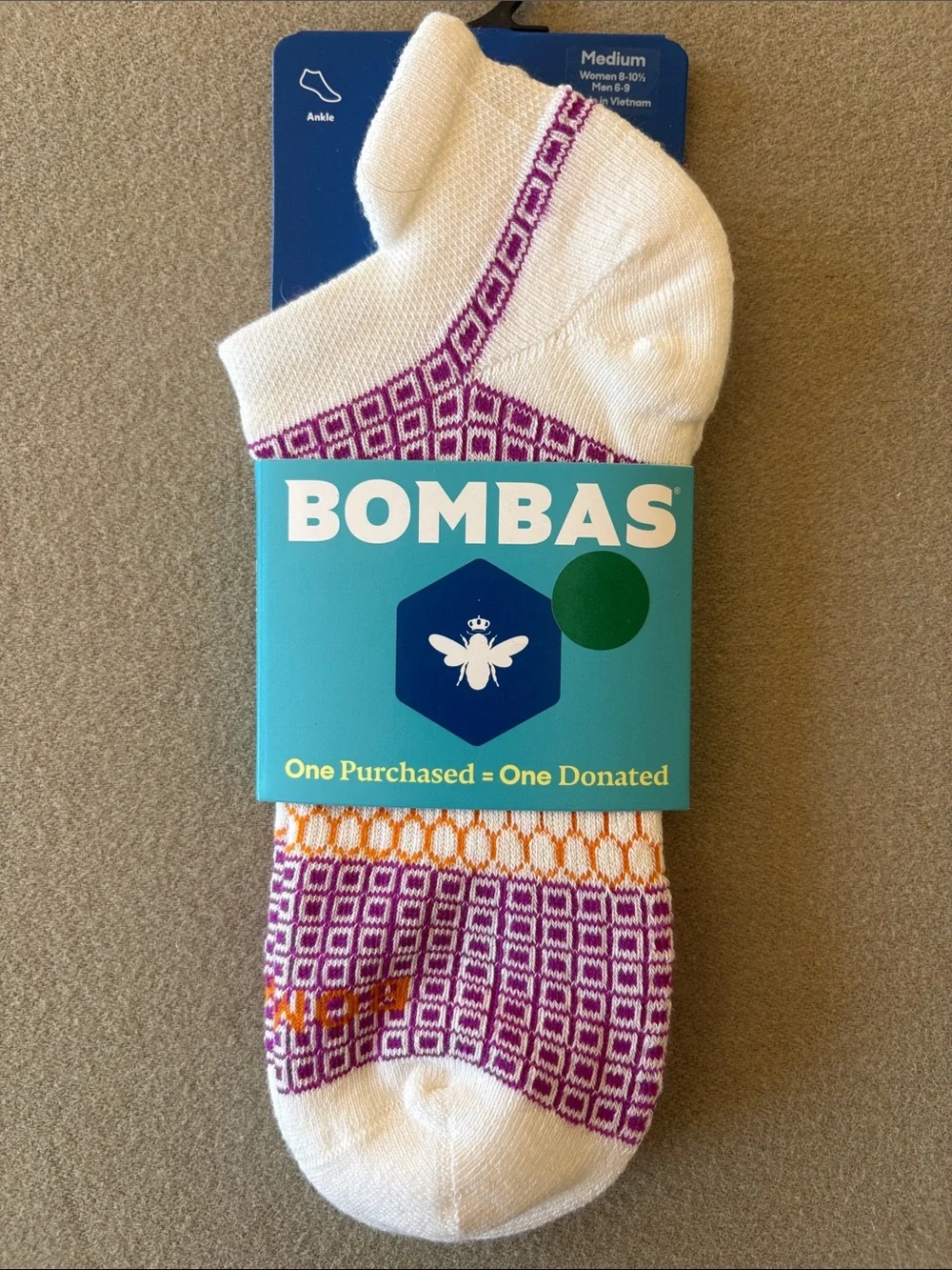 3 Bombas White Low-Cut Socks Unisex Women Medium Blue Khaki Purple Orange Green